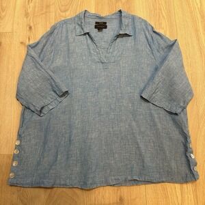 Tahari Tunic Top Plus Size 3X Blue 100% Linen Minimalist Lagenlook Side Button